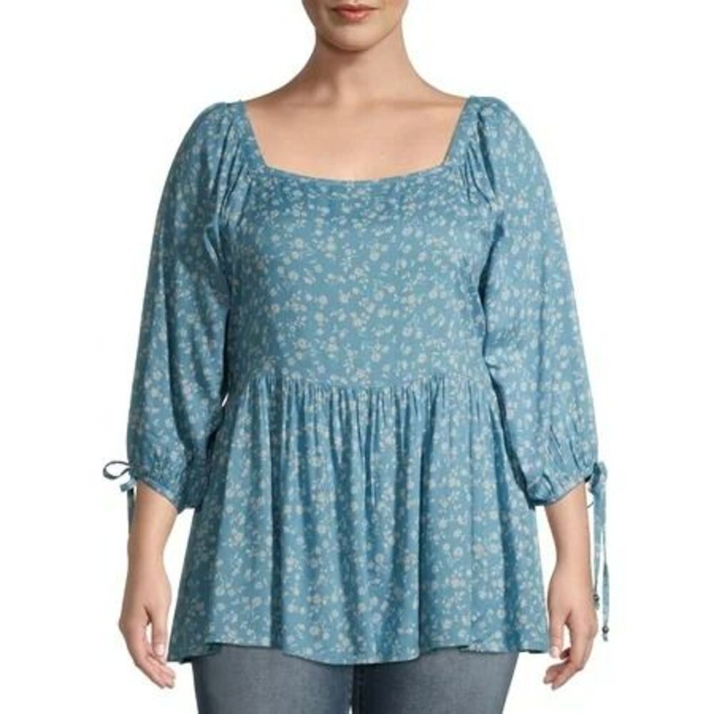 Plus Size Blue Floral Square Neck Peplum Blouse